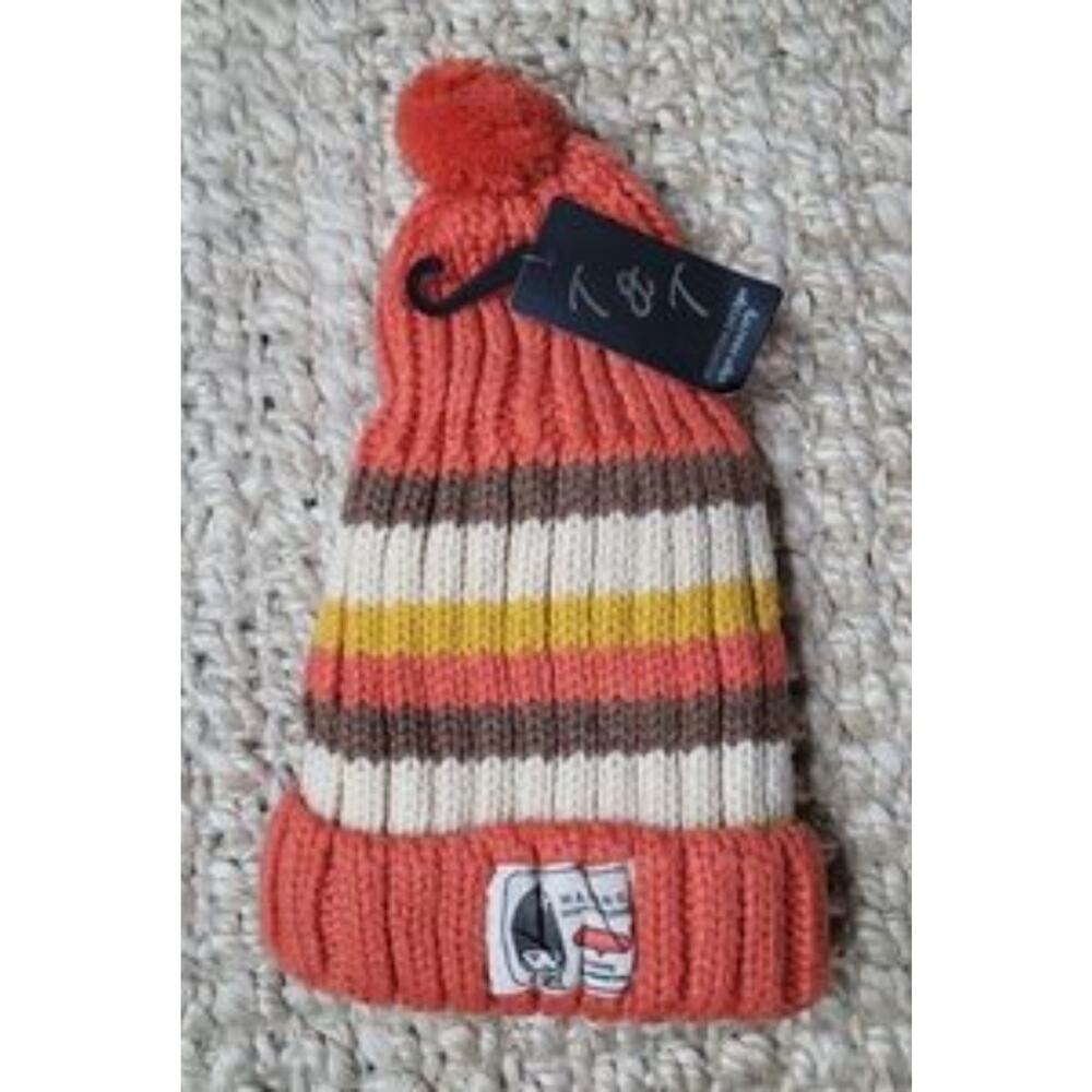 T&T Orange & Beige Knitted Unisex Striped Fleece Warm Fur Lined Pom Beanie Hat